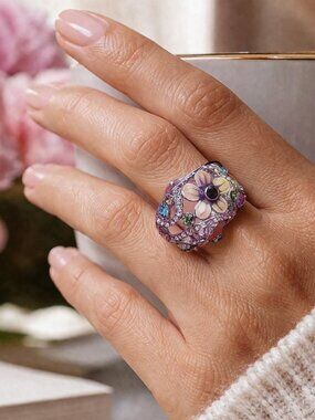 Silver-tone Floral Multi-color Rhinestone & Enamel Ring, Size 10